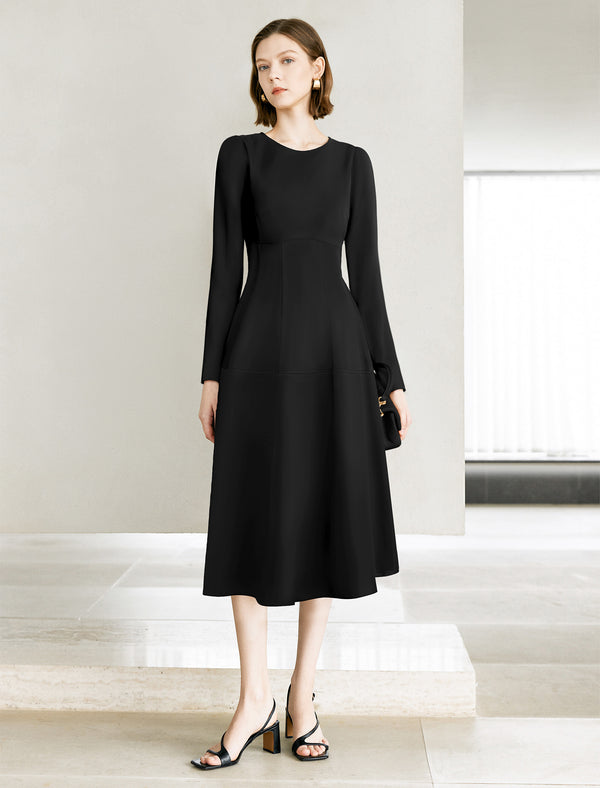 Black A-Line Long Sleeve Midi Dress