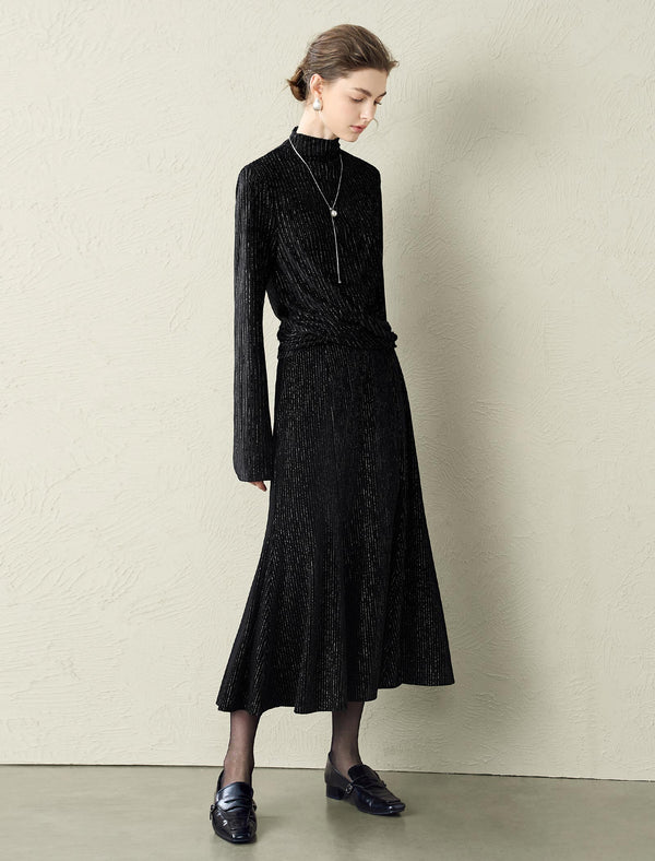 Shimmery Striped Mock Neck Long-Sleeve Top