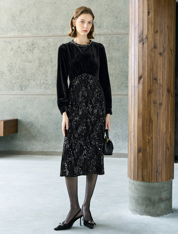 Black Velvet Sequin Midi Dress