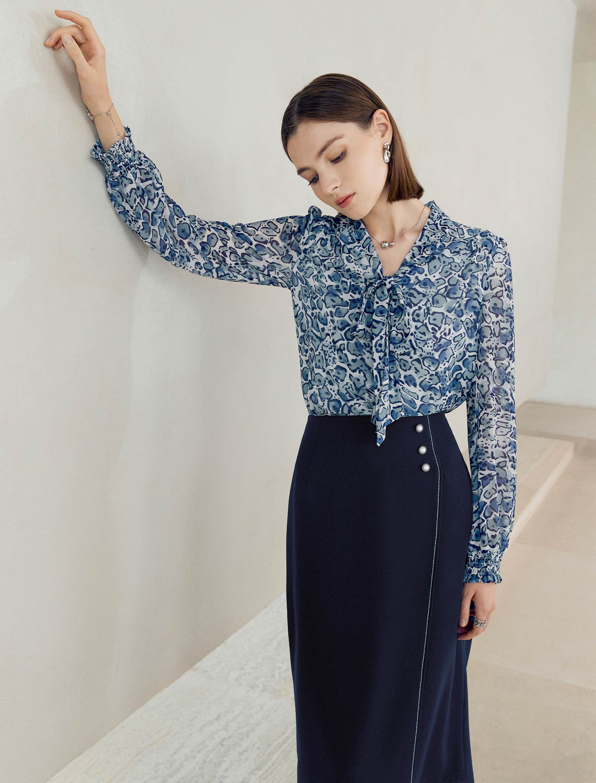 Chiffon Blue Leopard Print Blouse