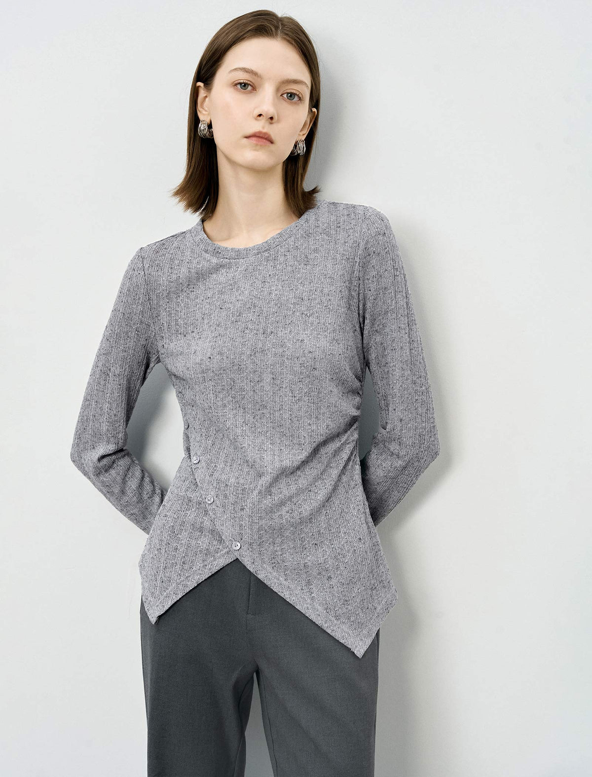 Button-Detail Asymmetric-Hem Knit Top