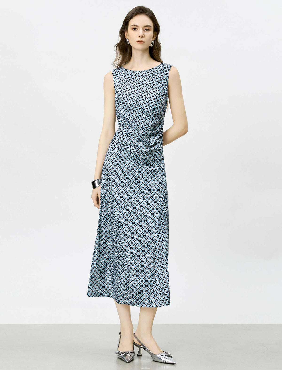 Blue Geometric Print Ruched Waist Midi Dress