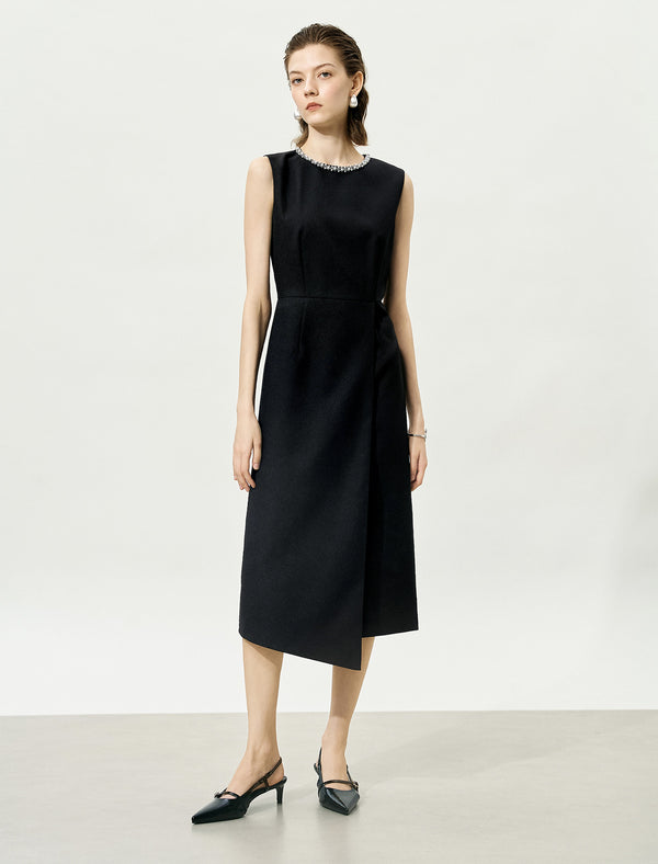 Embellished Neckline Asymmetric Midi Dress