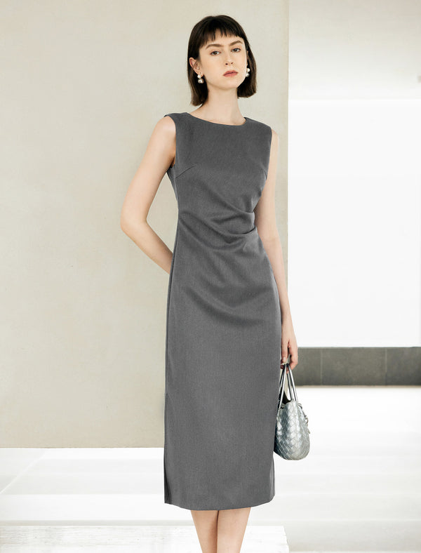Side Ruched Sleeveless Midi Dress