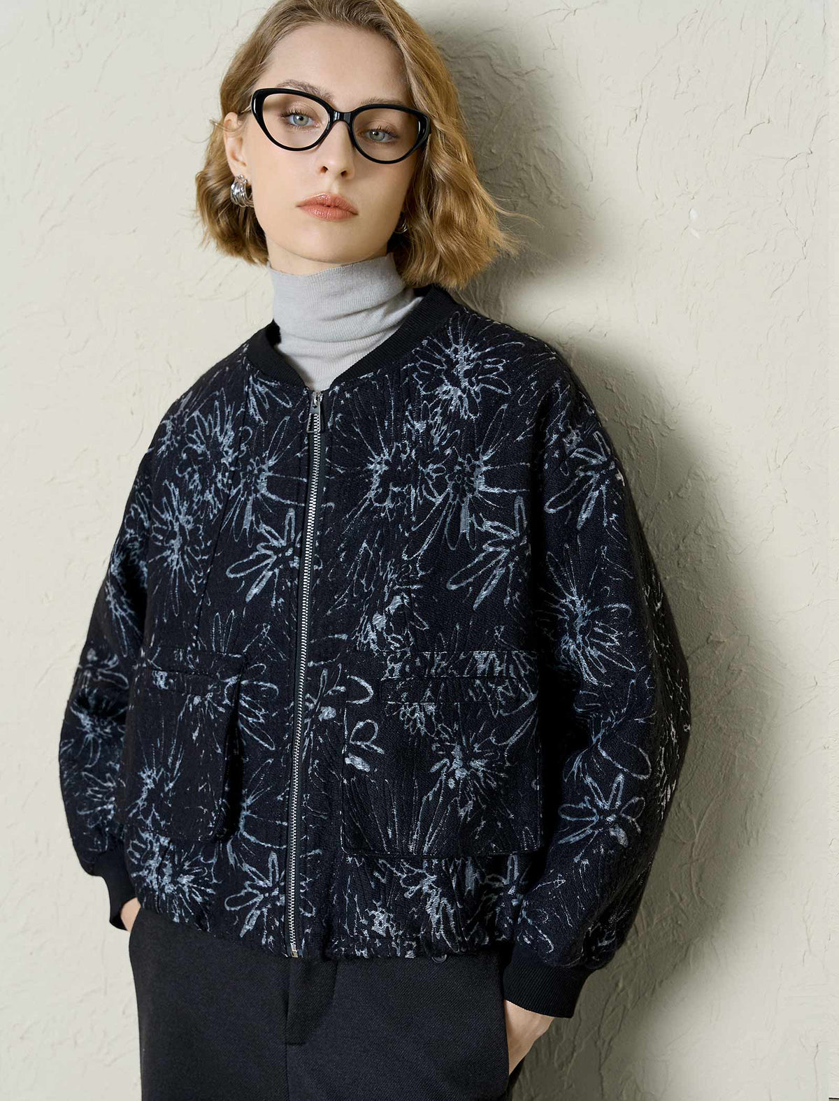 Black Textured Jacquard Floral Bomber Jacket