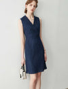 Navy Blue Sleeveless Lace Wrap Sheath Dress