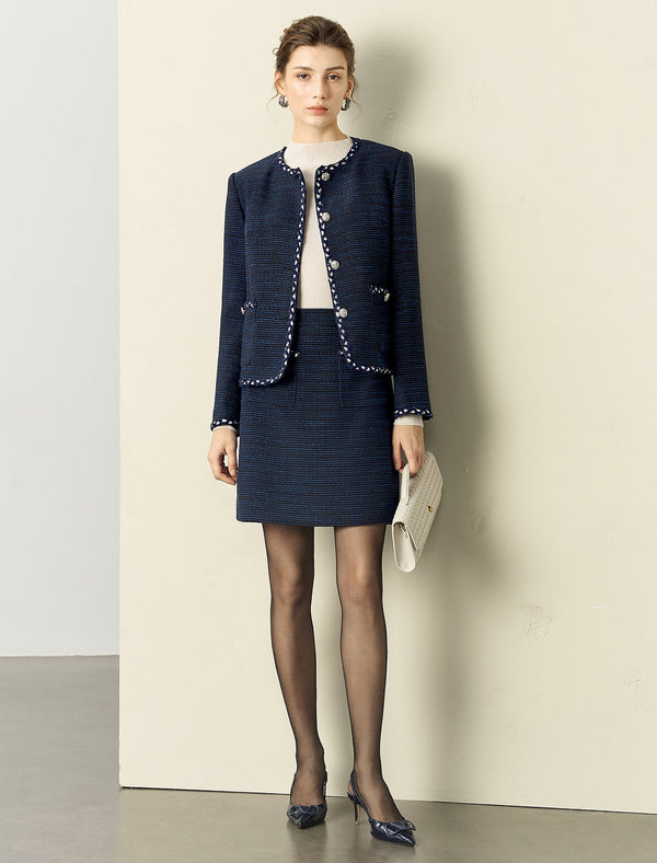 Navy Blue Tweed Mini Skirt