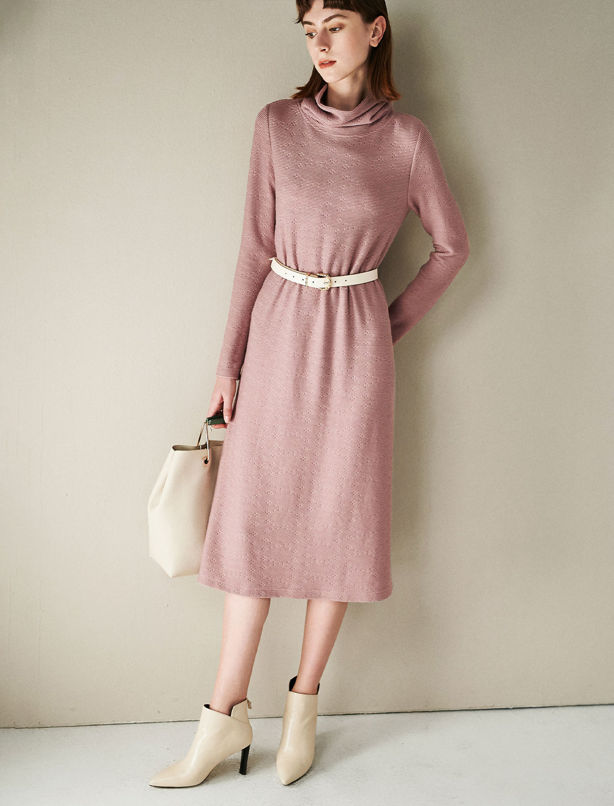 Textured Turtleneck Belted Dress