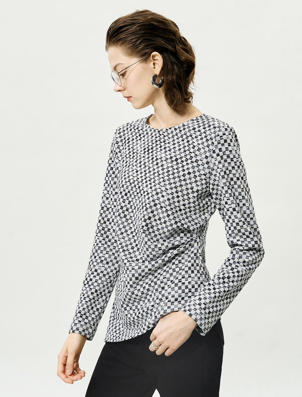 Plaid Black White Slim Fit Knit Top