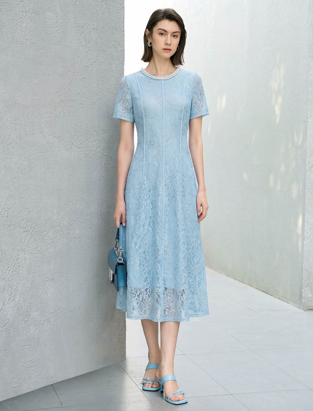 Light Blue Lace Pearl Neckline Midi Dress