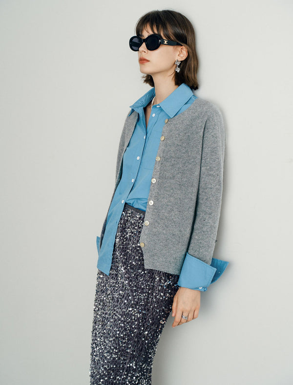 100% Wool Round Neck Long-Sleeve Knit Cardigan