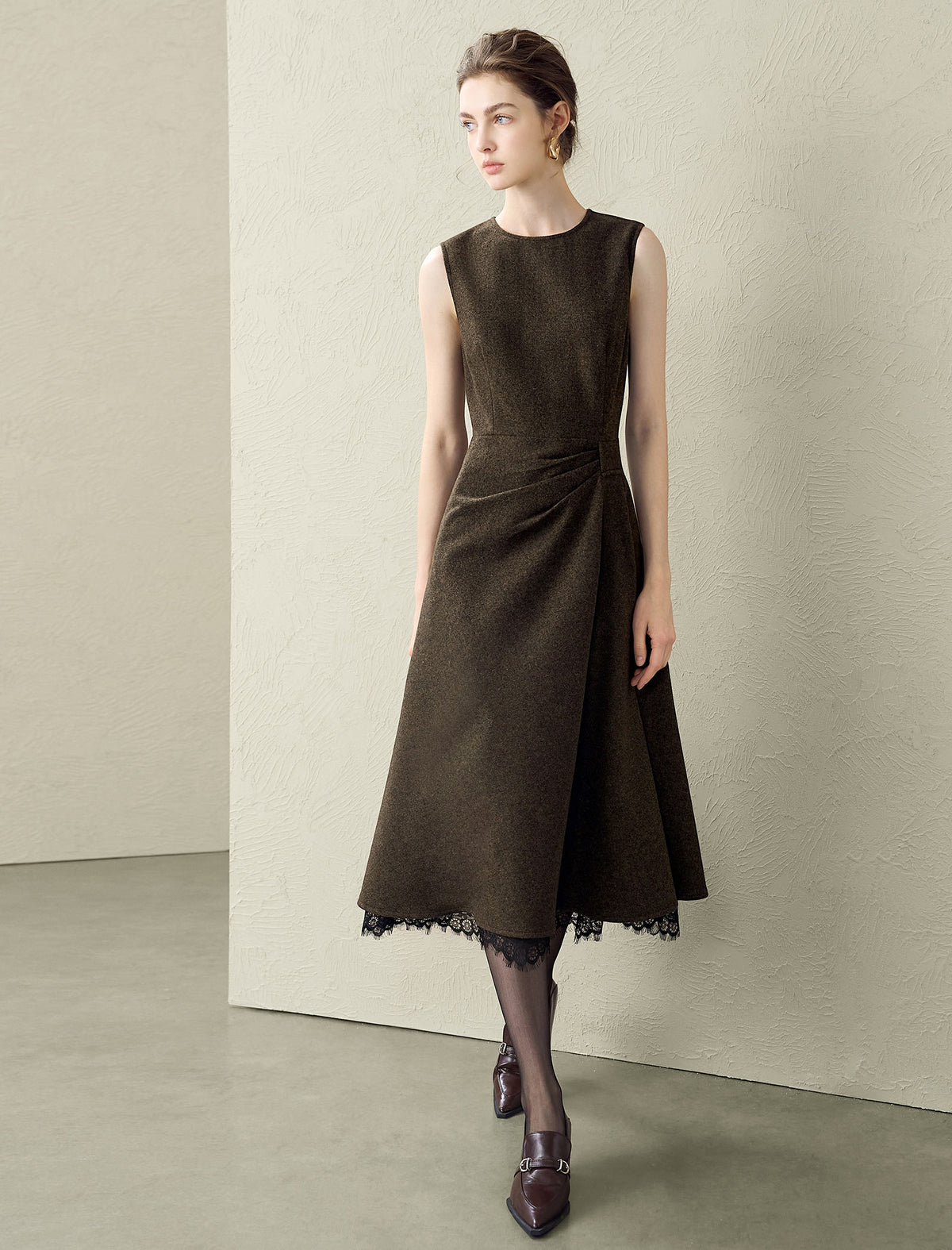 Wool Blend Lace Hem Sleeveless Midi Dress