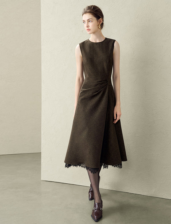 Wool Blend Lace Hem Sleeveless Midi Dress
