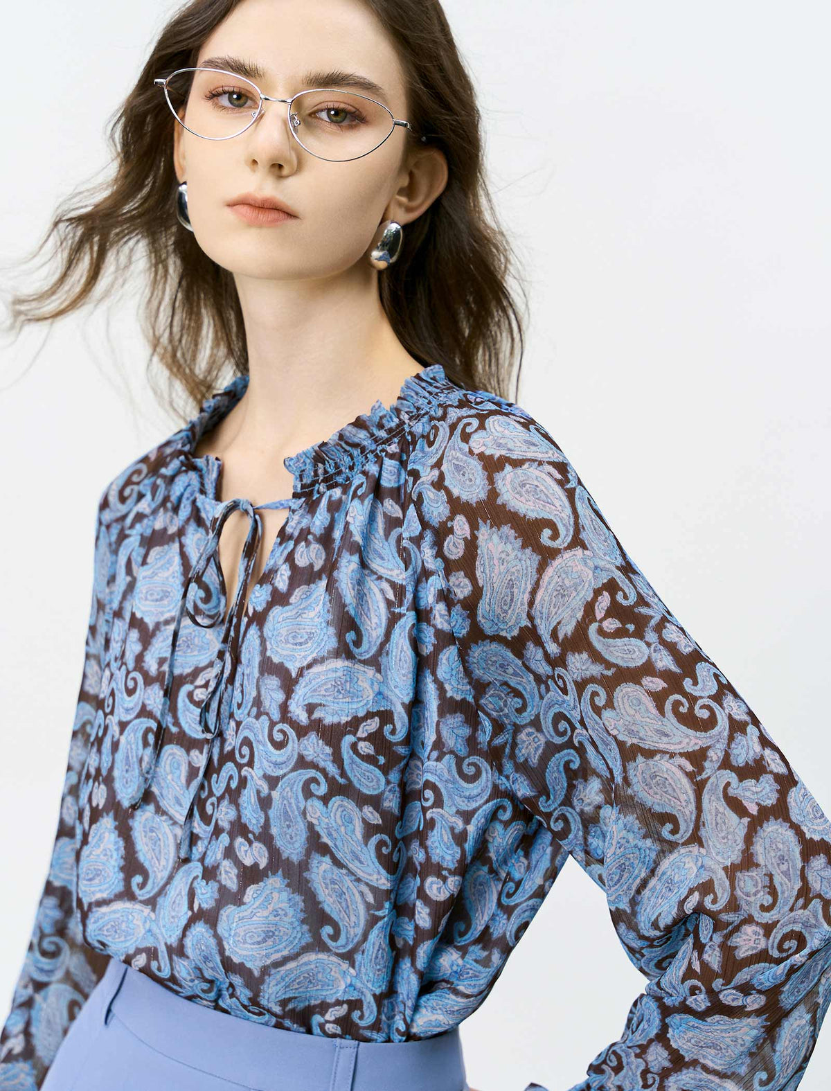 Blue Paisley Tie-Neck Blouse