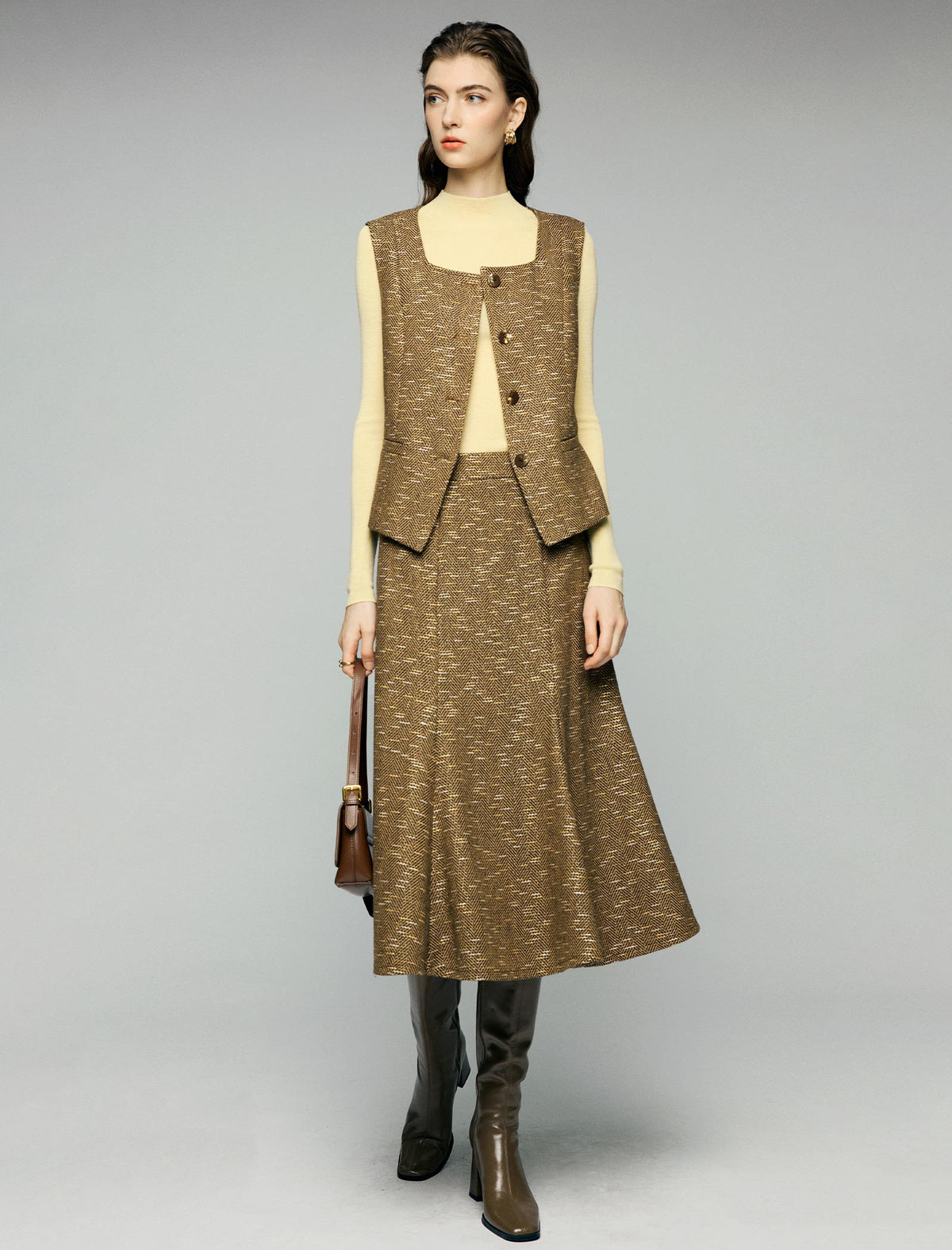 Wool Blend Textured High-Waist Mermaid Midi Skirt