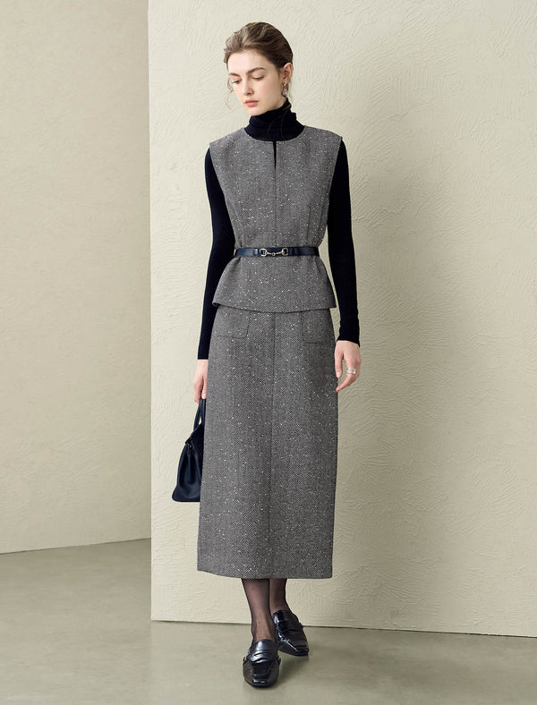 Gray Herringbone Wool-Blend Tweed Midi Skirt