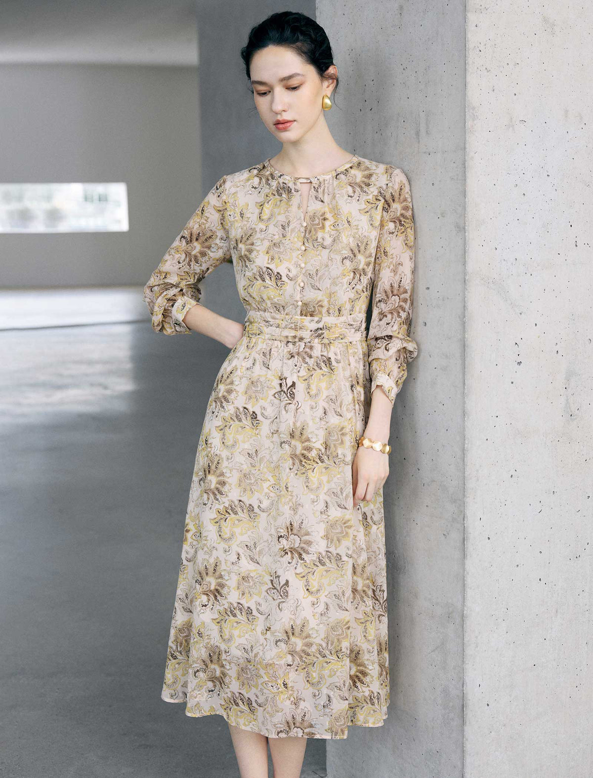 Floral Print Long Sleeve Midi Dress