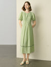 Puff Sleeve Pintuck Midi Dress with Lace Trim