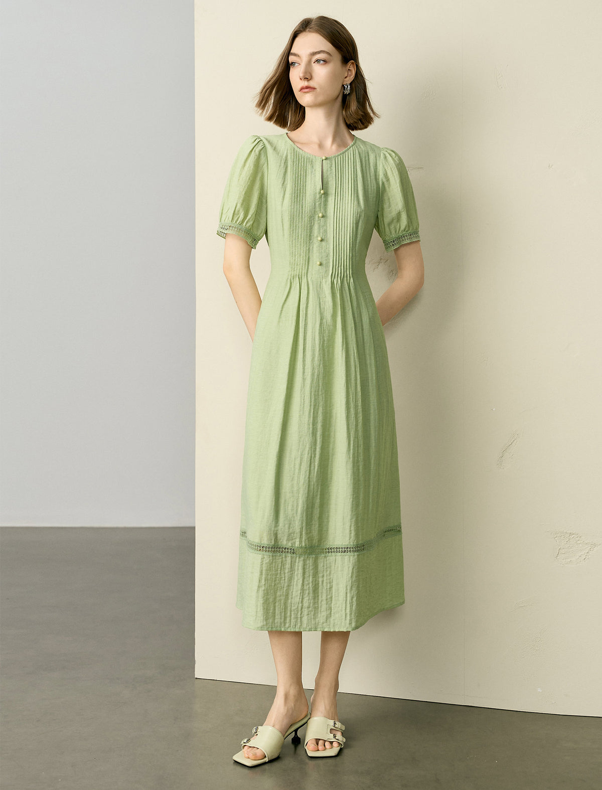 Puff Sleeve Pintuck Midi Dress with Lace Trim
