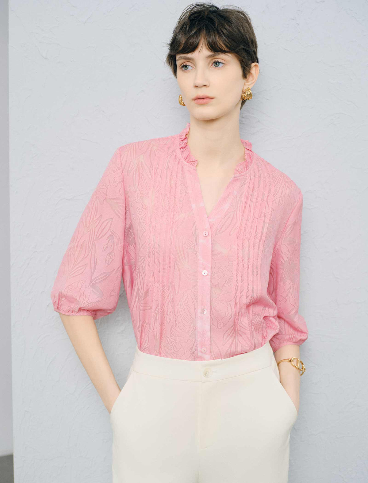 Pink Floral Jacquard Ruffle Neck Blouse