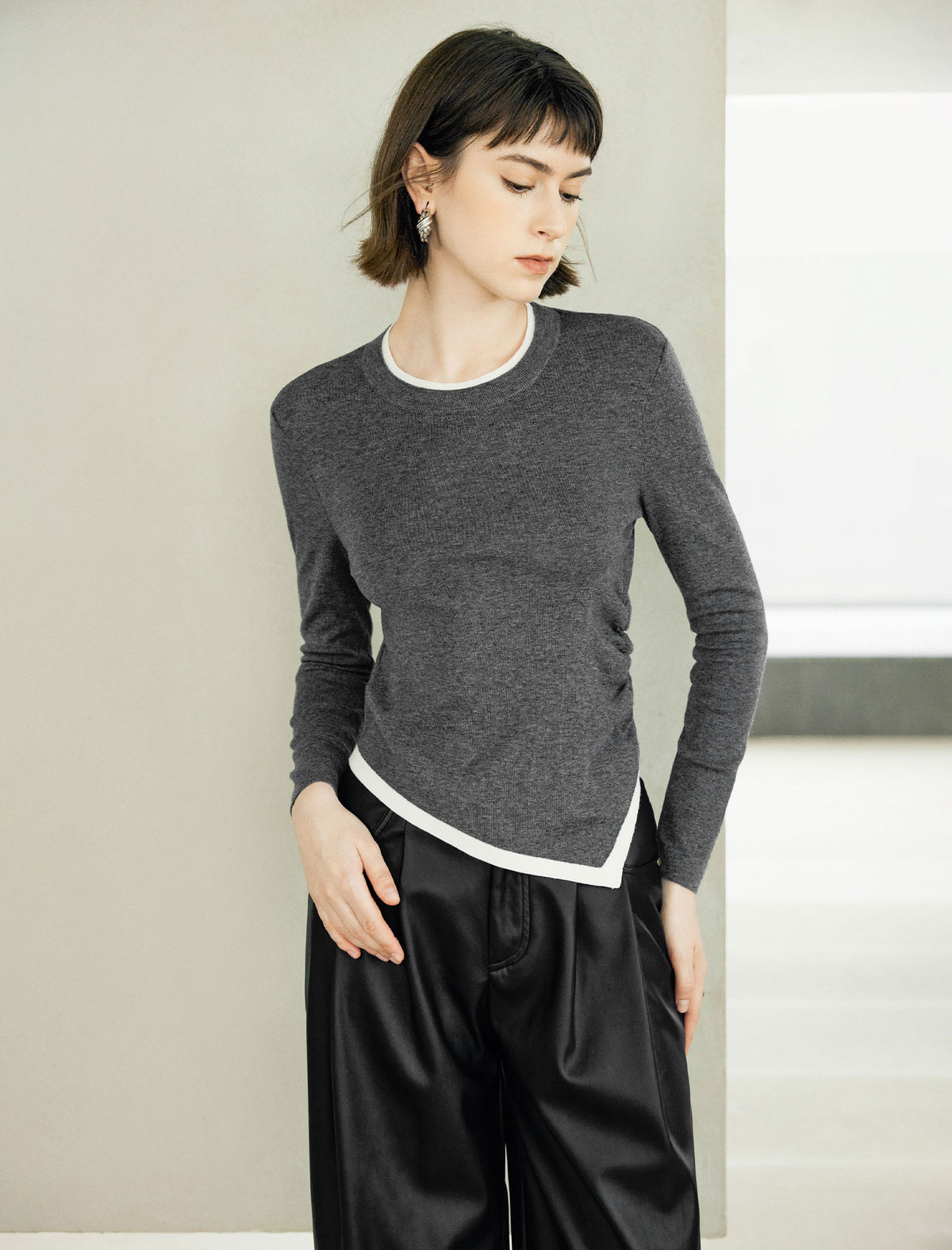 Colorblock Long Sleeve Layered-Look Asymmetric Split-Hem Top