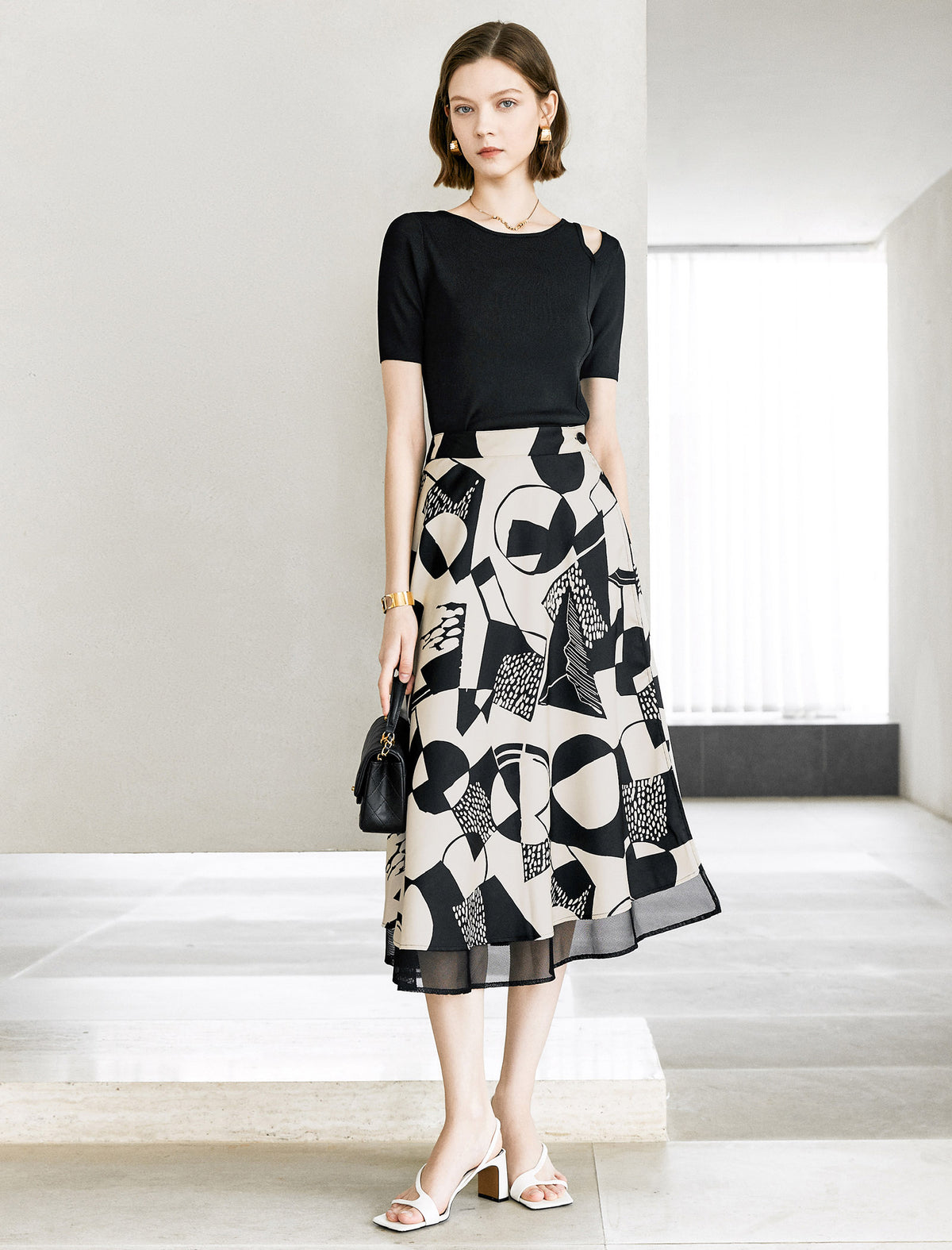 Reversible Geometric Print Mesh Detail Midi Skirt