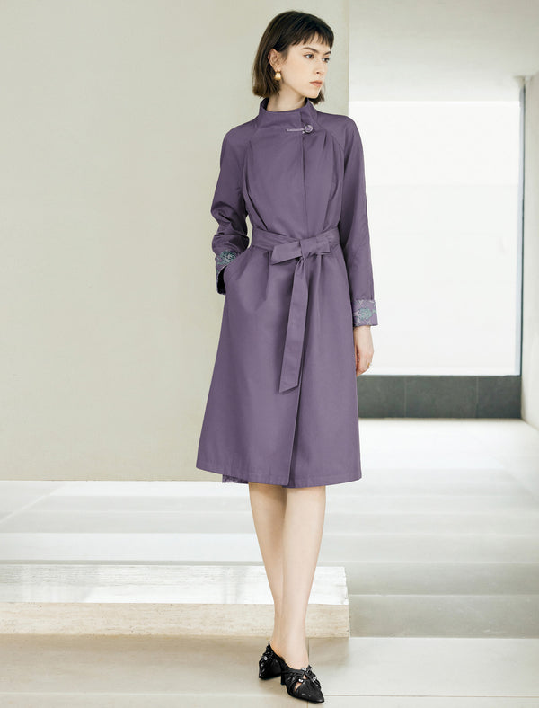 Floral Cuff Stand-Up Collar Belted Trench Coat