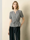 Puff Sleeve Plaid V‑Neck Blouse