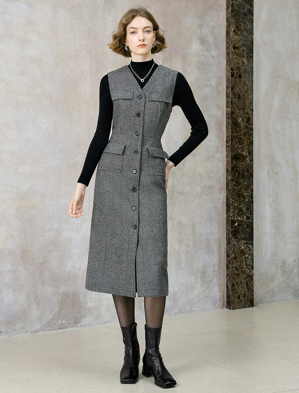 Wool-Blend Sleeveless Tweed Midi Dress