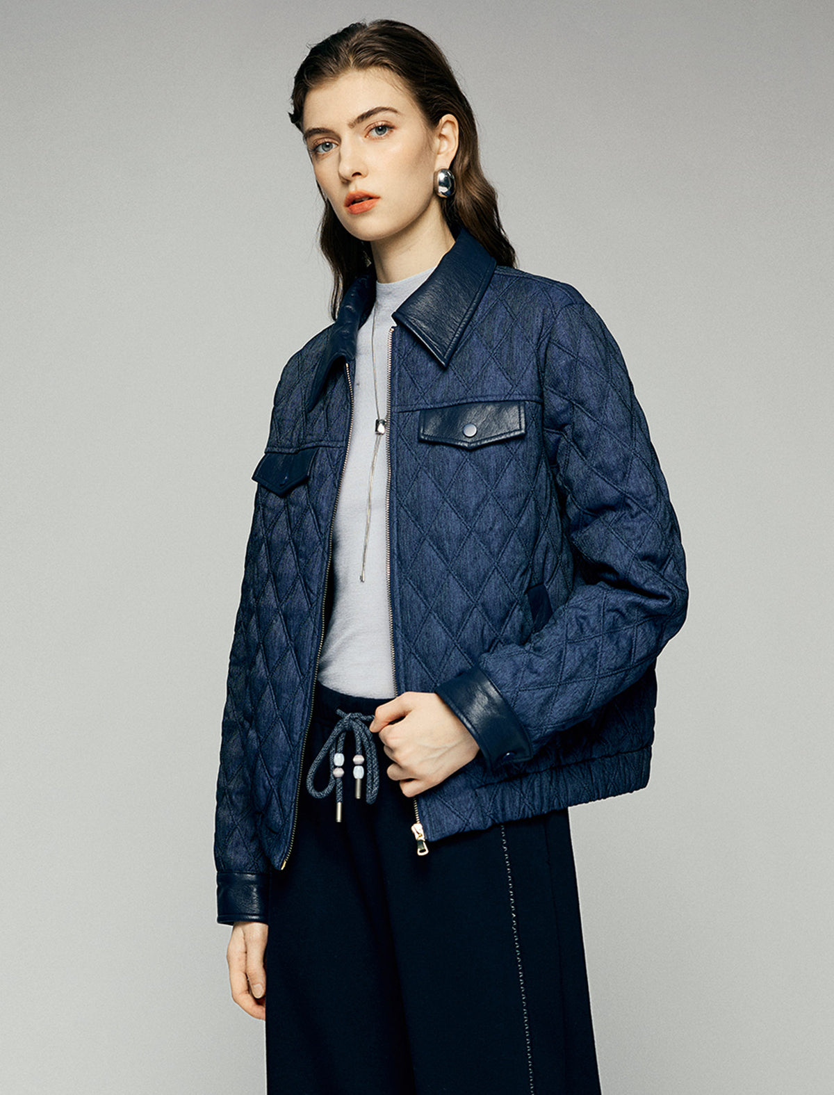 Contrast-Trim Collared Zip-Front Quilted Cropped Jacket