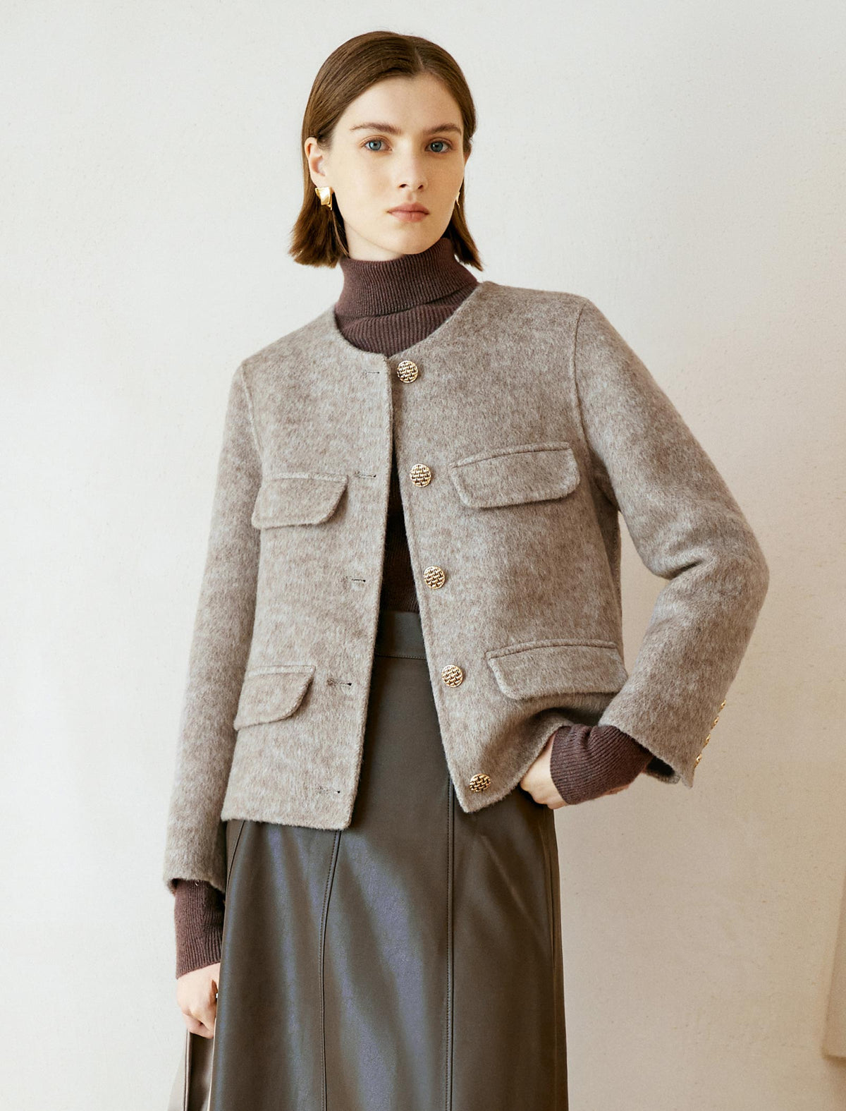 Wool Decorative Pockets Cropped Coats
