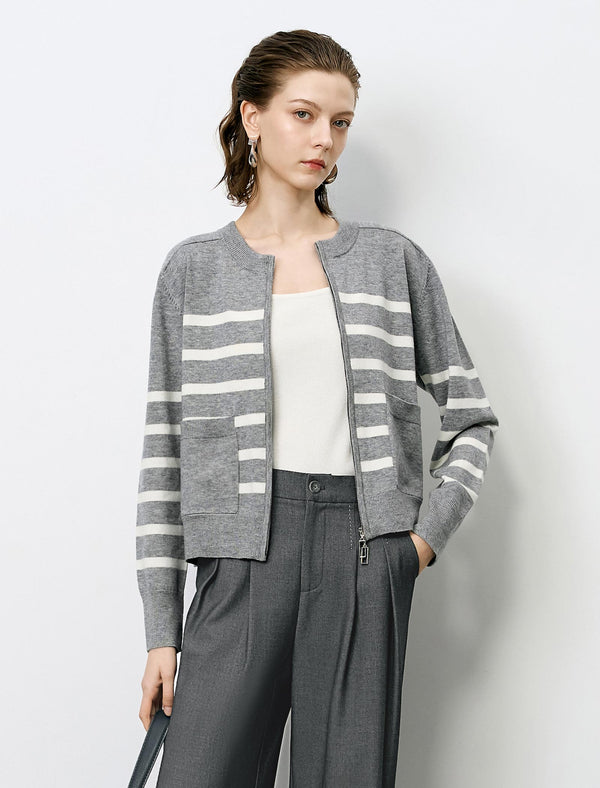 Striped Zipper Short Knit Cardigan