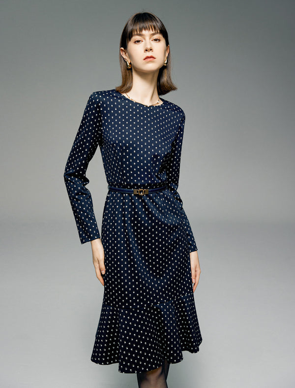 Polka Dot Round Neck Mermaid Long-Sleeve Midi Dress