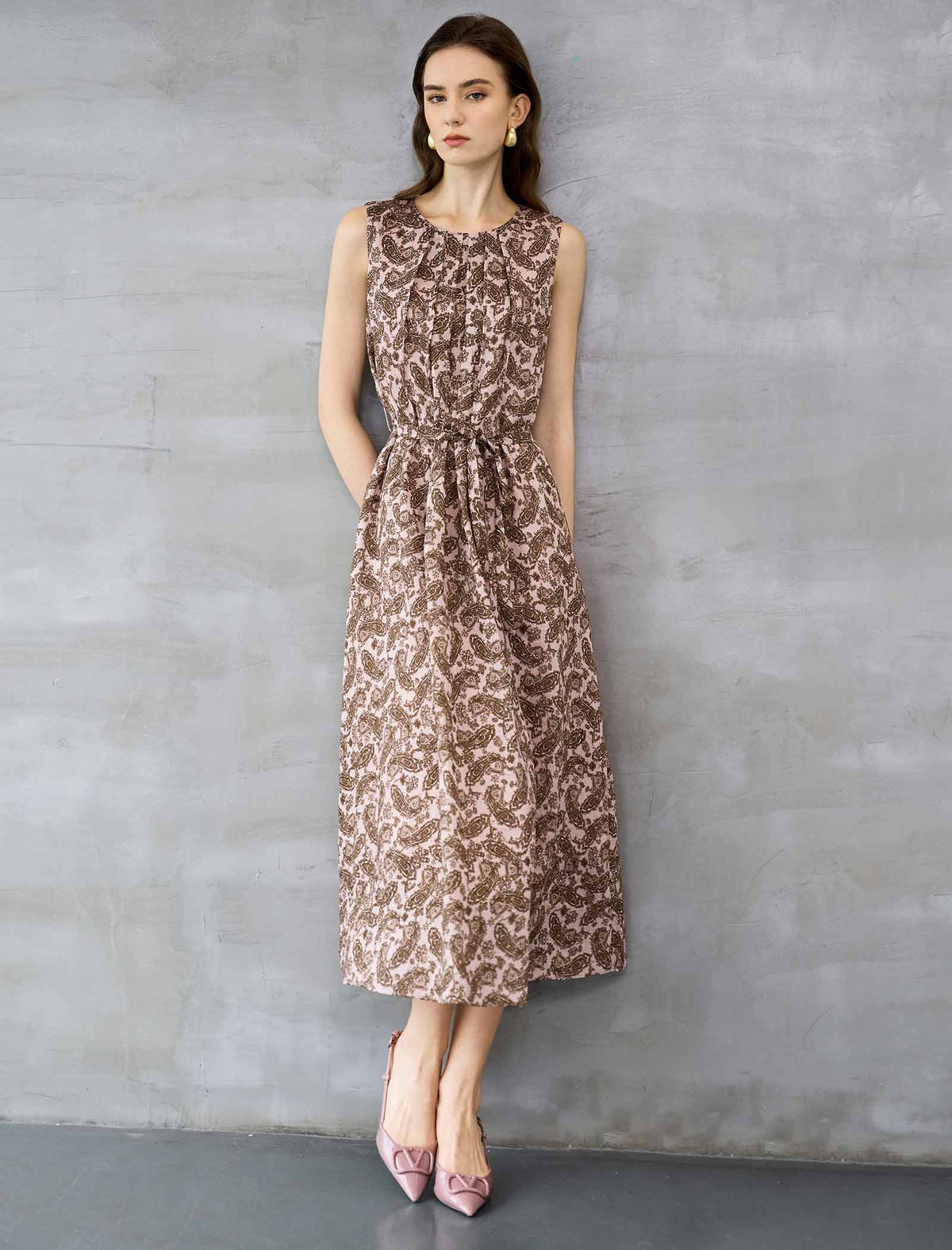 Dusty Pink Paisley Print Sleeveless Midi Dress