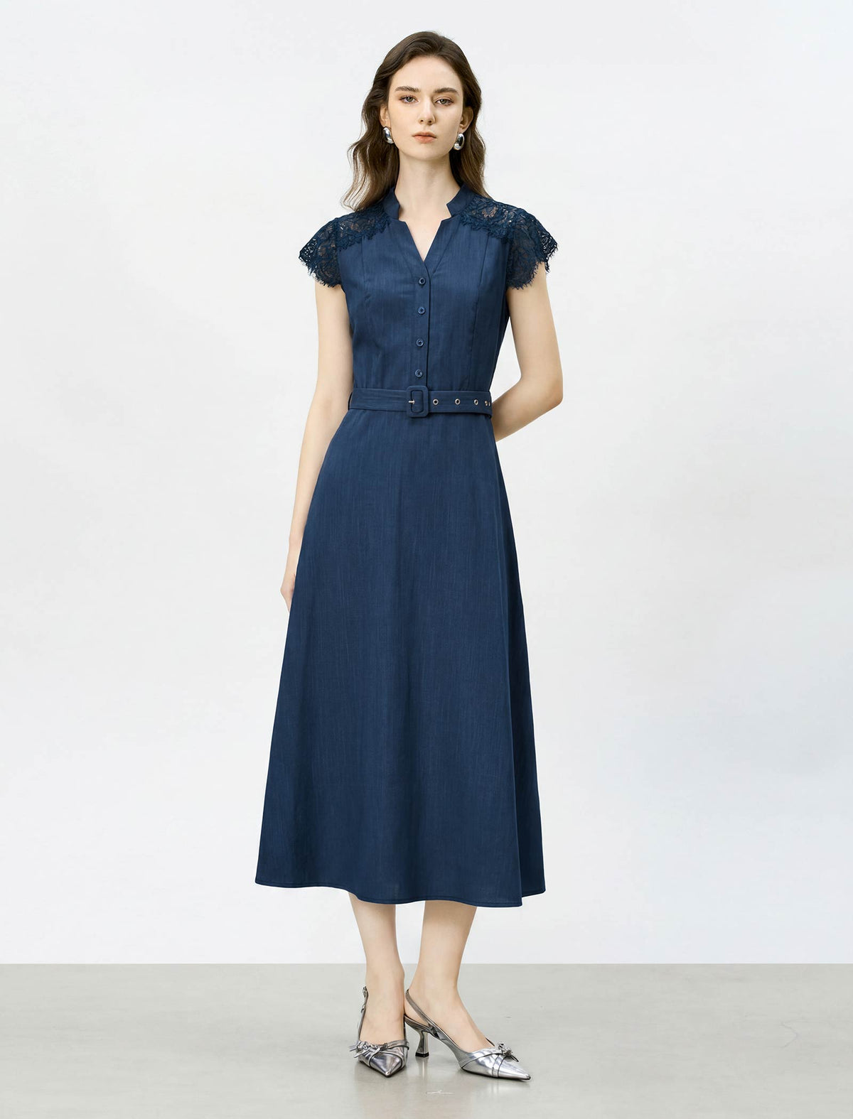 Dark Blue Lace Cap Sleeve Belted Midi Dress