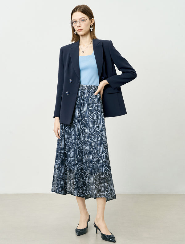 Blue Checkered Chiffon Midi Skirt