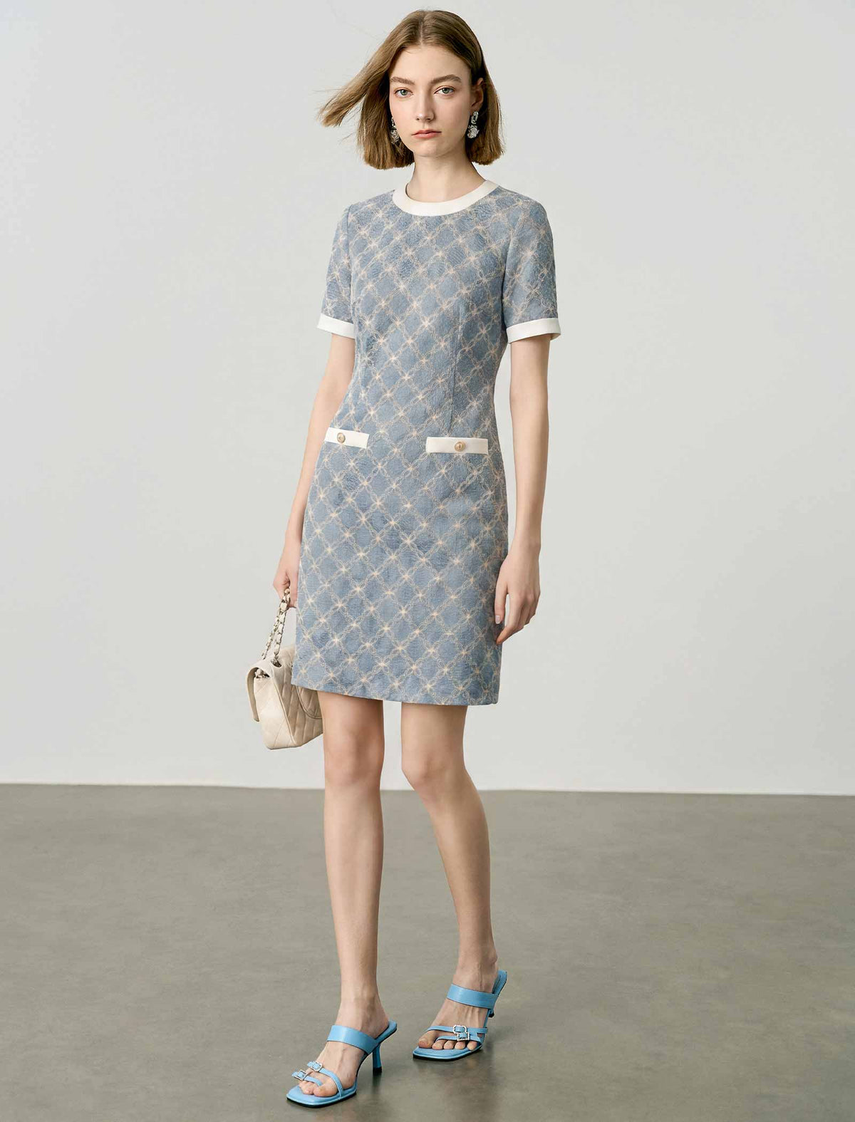 Light Blue Diamond Lace White Trim Short Sleeve Sheath Dress