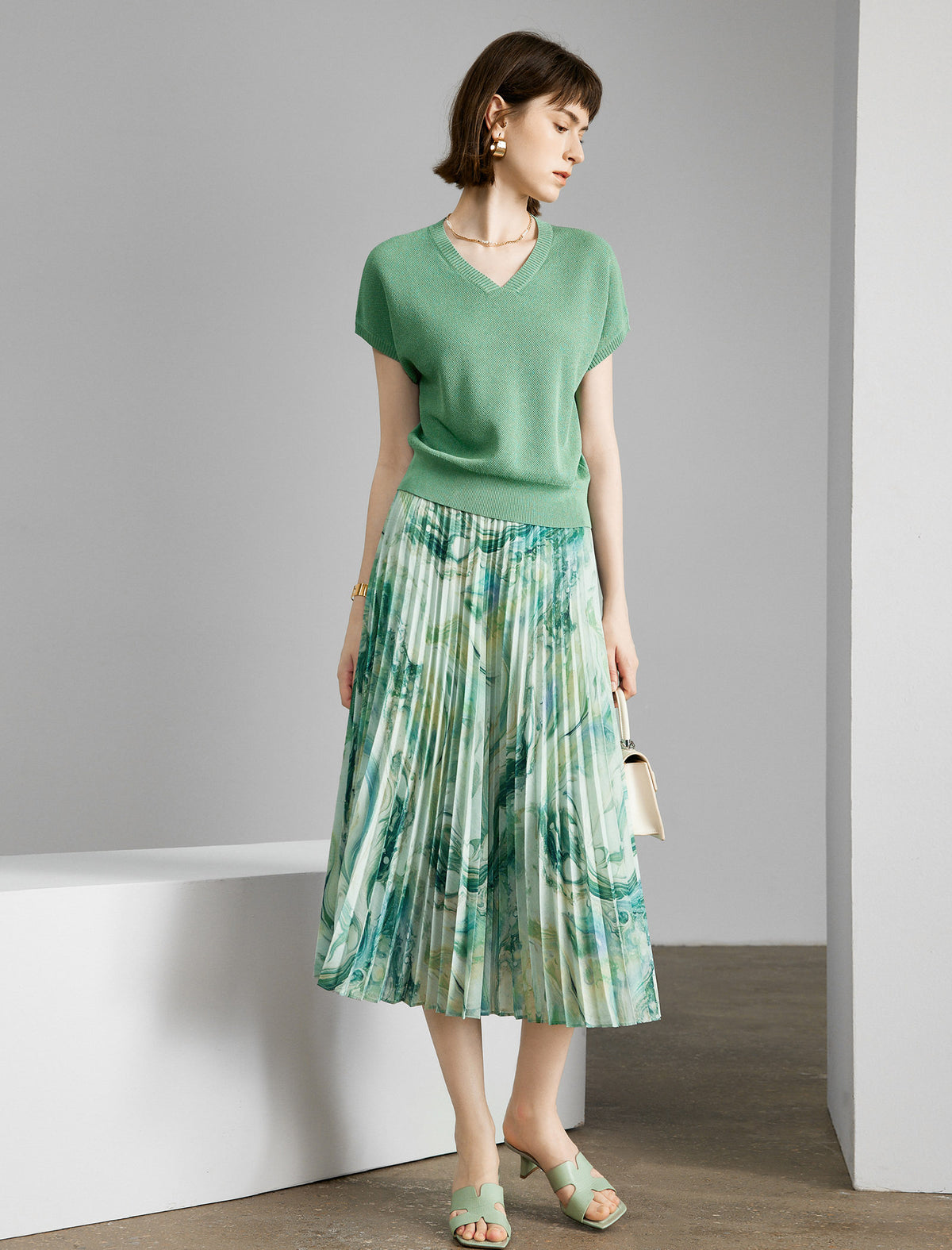 Marble Print Pleated Midi Skirt