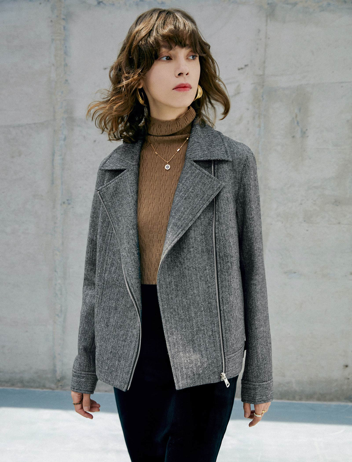 Wool Blend Zip-Front Cropped Jacket