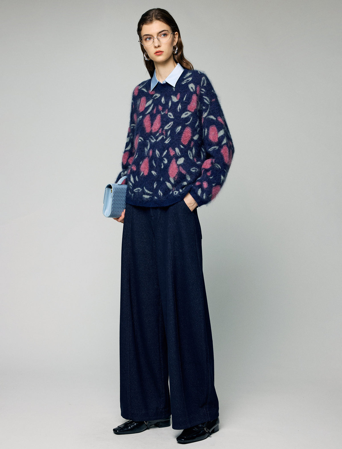 Wool and Mulberry Silk Blend Floral Jacquard Crewneck Relaxed Sweater