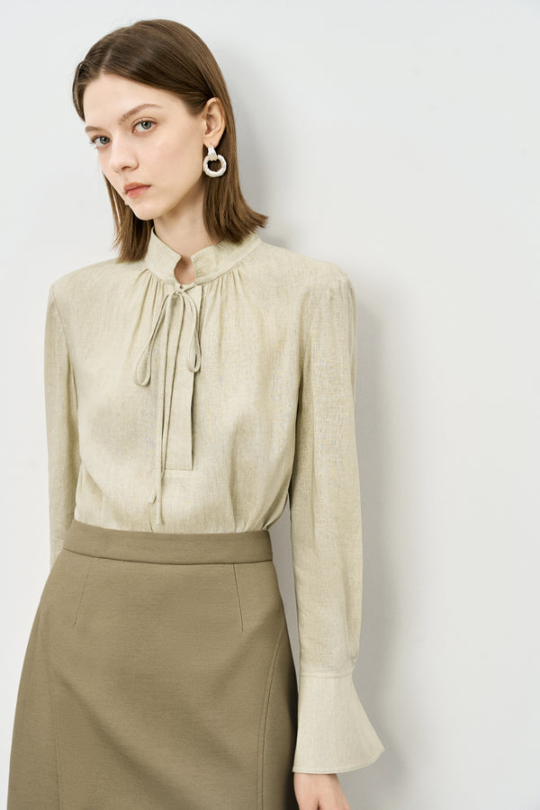 Linen Blend Tie-Neck Blouse