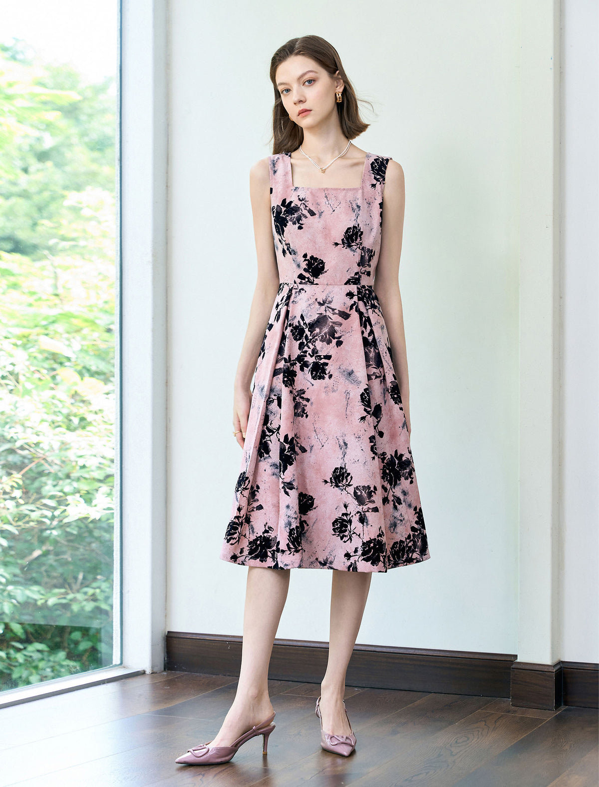 Blush Floral Sleeveless Midi Dress