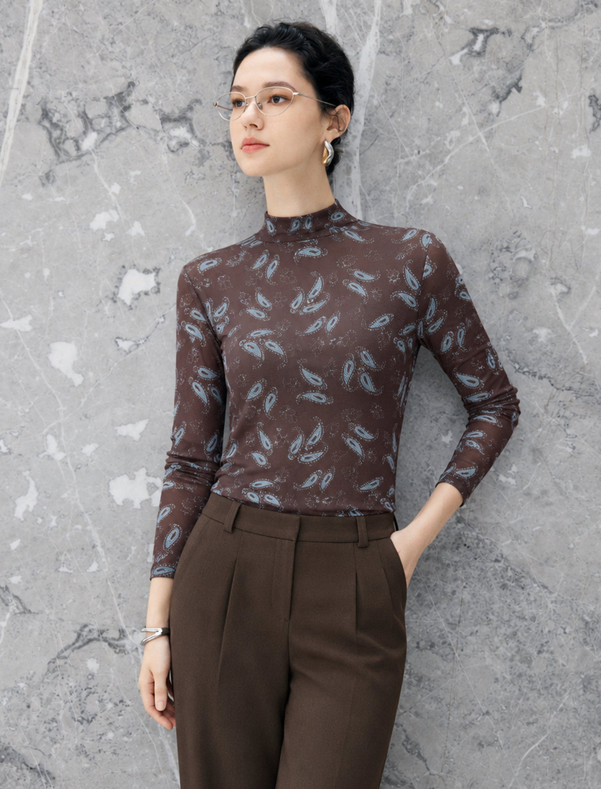 Paisley Print High Neck Long Sleeve Top