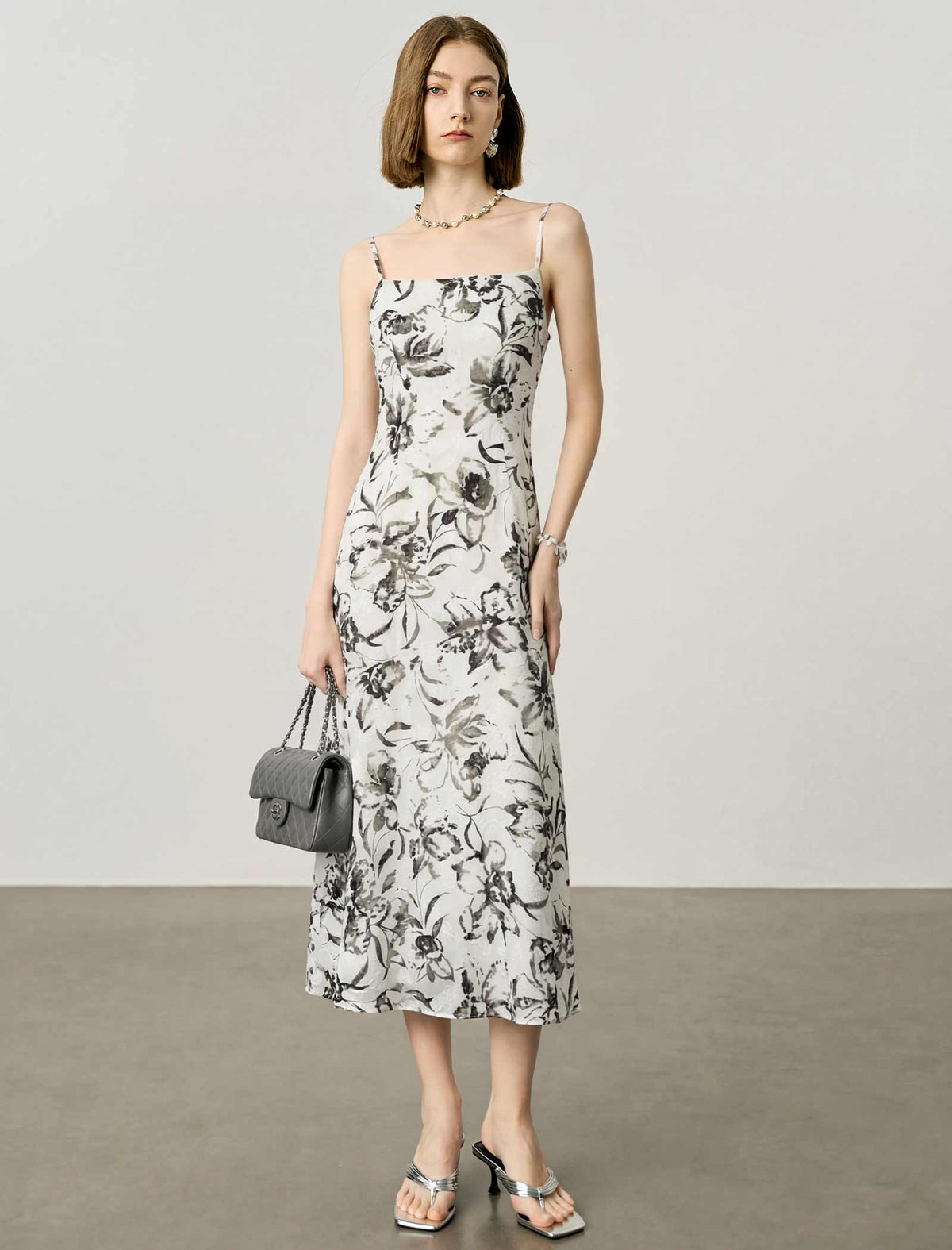 Watercolor Floral Print Slip Midi Dress