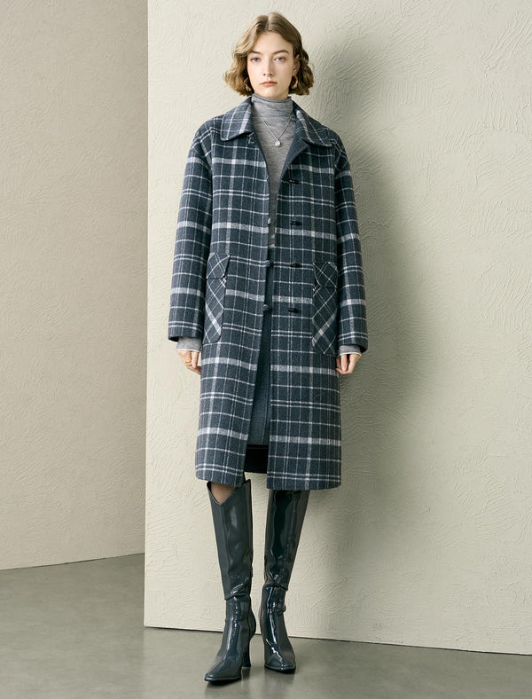 Plaid Wool-Blend Pocket Detail Coat