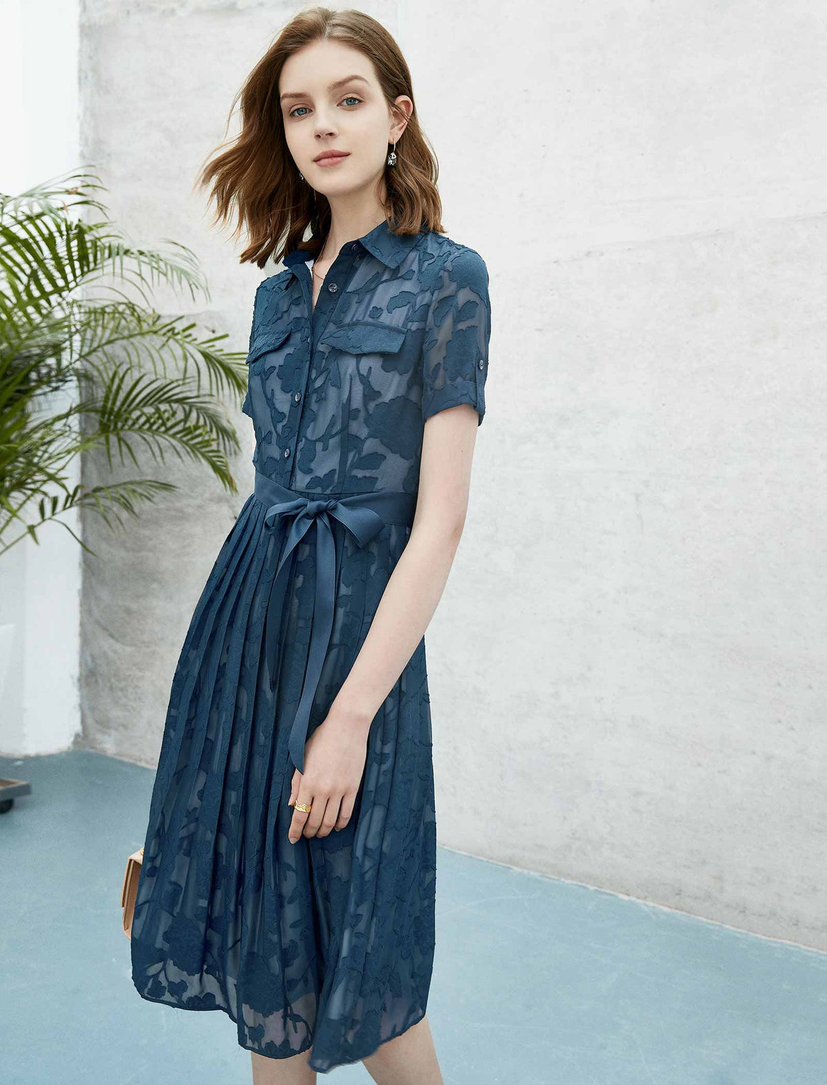 Cinched Waist Short Sleeve Lace Shirt Dress