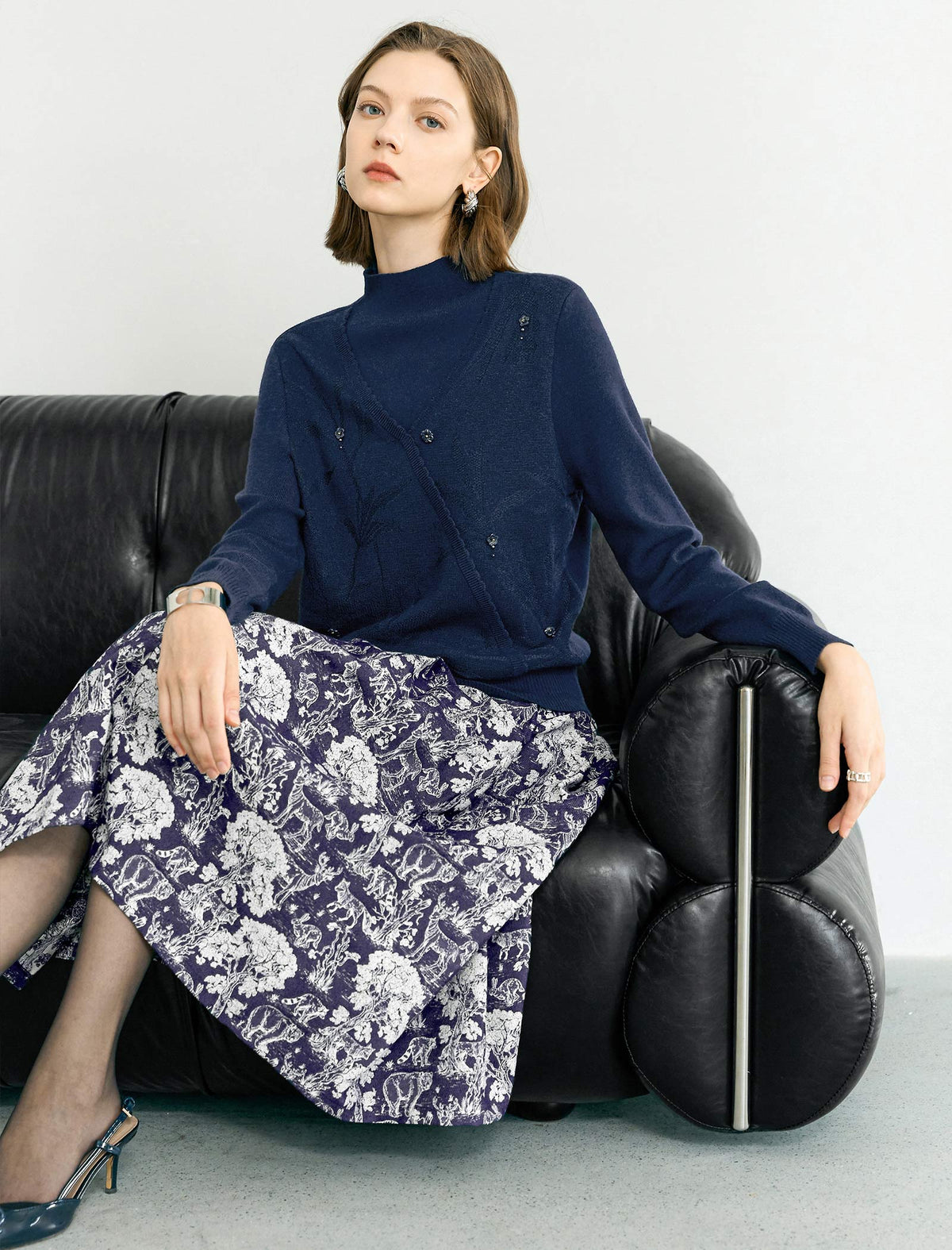 Wool Blend Mock Neck Jacquard Knit Sweater