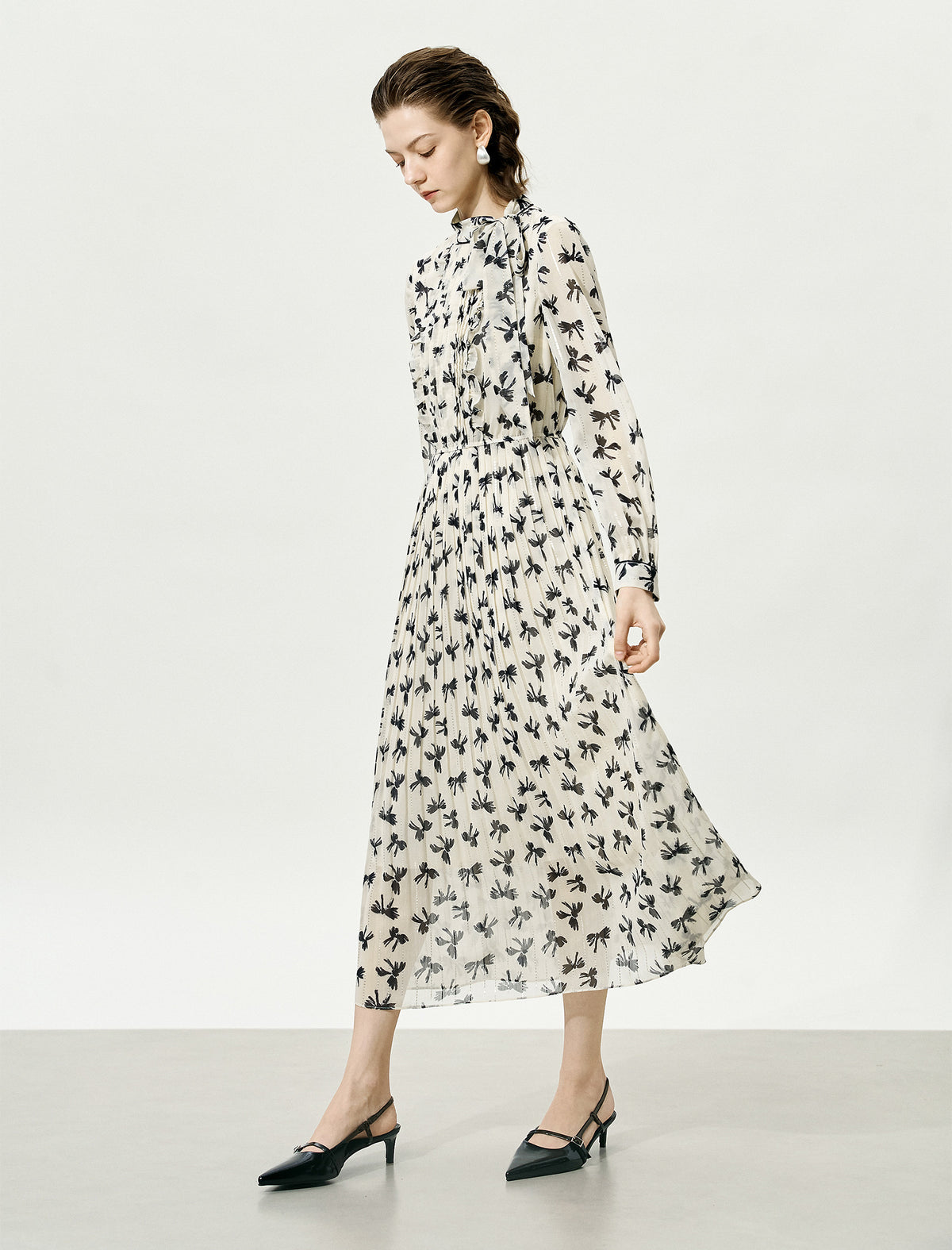 Pleated Tie-Neck Printed Metallic Trim Midi Dress