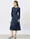 Navy Blue Beaded Neckline Lace Midi Dress