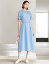 Light Blue Floral Applique Short Sleeve Belted A-Line Midi Dress